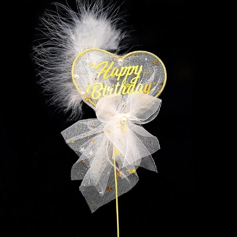 Gold Happy Birthday Cake Toppers with Mesh Bow Pearl Feather Decoration - Heart